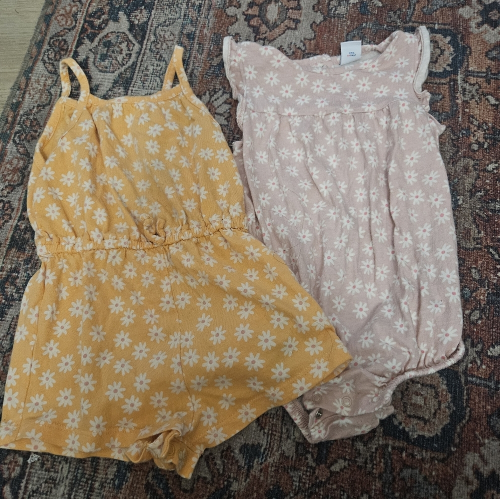 Old Navy Yellow & Pink Daisy Rompers - Girls